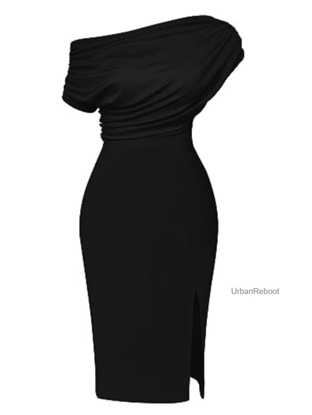 Elegant Off Shoulder Ruched Midi Bodycon Dress with Split Hem - Sleeveless